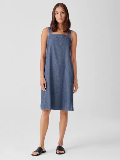 Eileen Fisher Airy Organic Cotton Twill Square Neck Dress In Blue