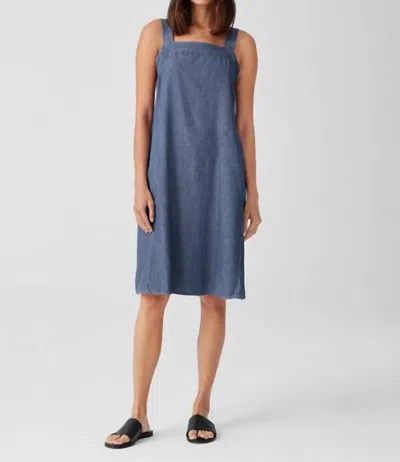 Eileen Fisher Airy Organic Cotton Twill Square Neck Dress In Denim In Blue