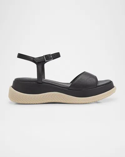 Eileen Fisher Ario Sporty Leather Wedge Sandals In Black