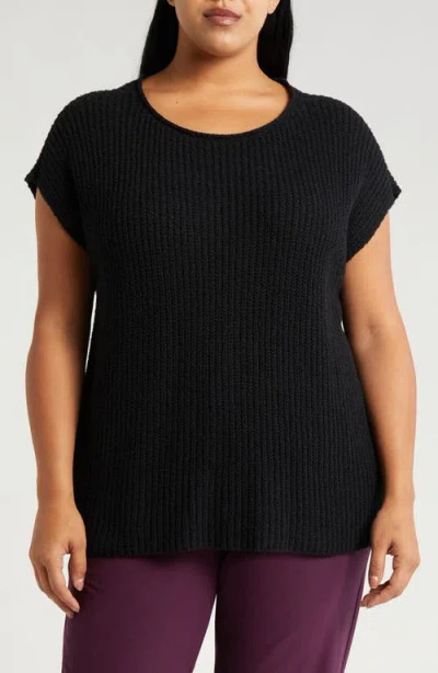 Eileen Fisher Ballet Neck Cap Sleeve Organic Cotton Sweater In Black