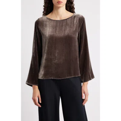 Eileen Fisher Ballet Neck Flare Sleeve Velvet Top In Brown