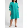 Eileen Fisher Band Collar Long Sleeve Organic Linen Shift Dress In Green