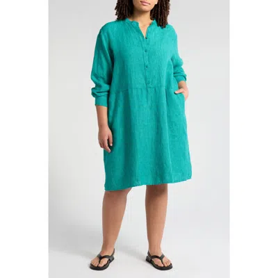 Eileen Fisher Band Collar Long Sleeve Organic Linen Shift Dress In Jade