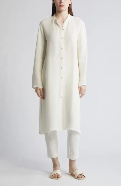 Eileen Fisher Band Collar Longline Organic Linen Blend Button-up Shirt In White
