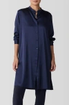 Eileen Fisher Band Collar Longline Stretch Silk Button-up Shirt