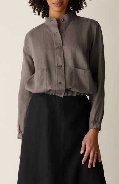 Eileen Fisher Band Collar Organic Linen Jacket In Gray