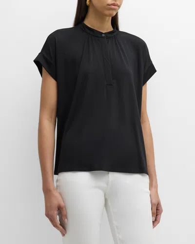 EILEEN FISHER BAND-COLLAR RUCHED JERSEY HENLEY TOP