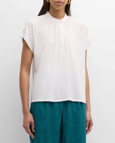 Eileen Fisher Band-collar Ruched Jersey Henley Top In White