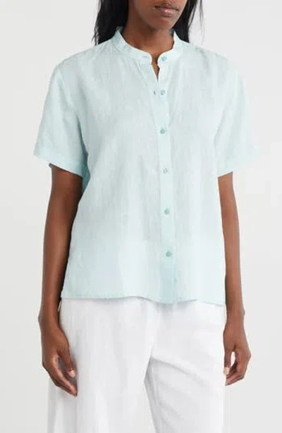 Eileen Fisher Band Collar Short Sleeve Organic Linen Button-up Shirt In Blue