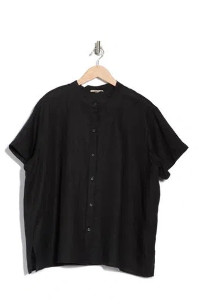 Eileen Fisher Band Collar Short Sleeve Organic Linen Button-up Shirt