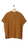 Eileen Fisher Band Collar Short Sleeve Organic Linen Button-up Shirt
