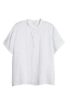 EILEEN FISHER BAND COLLAR SHORT SLEEVE ORGANIC LINEN BUTTON-UP SHIRT