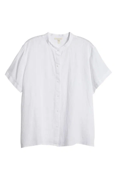 Eileen Fisher Band Collar Short Sleeve Organic Linen Button-up Shirt In White