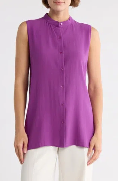 Eileen Fisher Band Collar Sleeveless Longline Silk Button-up Shirt