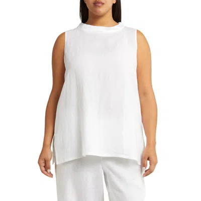 Eileen Fisher Band Collar Sleeveless Organic Linen Blend Tunic In White