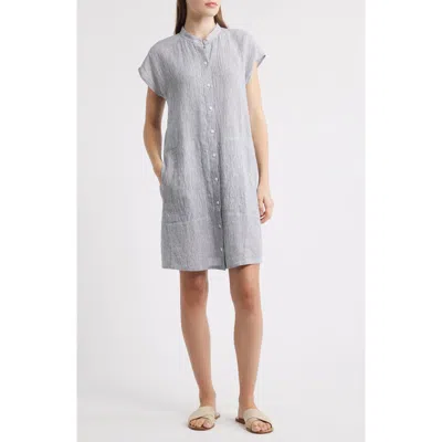 Eileen Fisher Band Collar Stripe Organic Linen Shirtdress In Black
