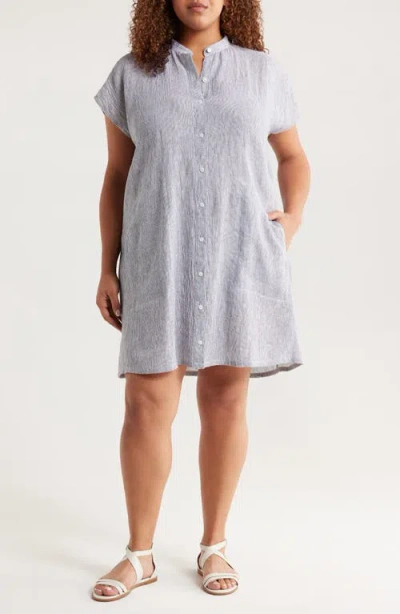 Eileen Fisher Band Collar Stripe Organic Linen Shirtdress In Black