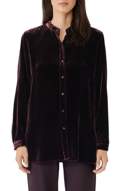 Eileen Fisher Band Collar Velvet Button-up Shirt In Burgundy