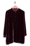 Eileen Fisher Band Collar Velvet Longline Button-up Shirt In Sweet Plum