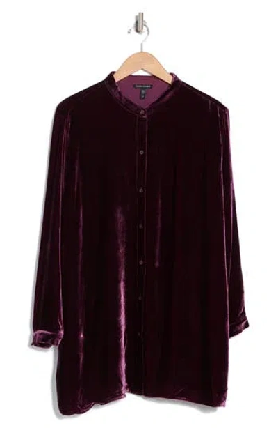Eileen Fisher Band Collar Velvet Longline Button-up Shirt In Sweet Plum