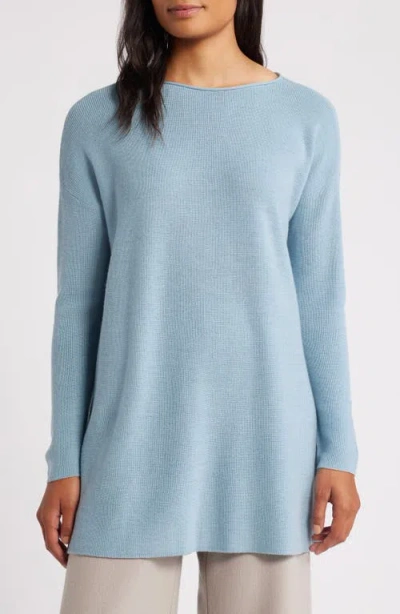Eileen Fisher Bateau Long Sleeve Merino Wool Tunic Top In Frost