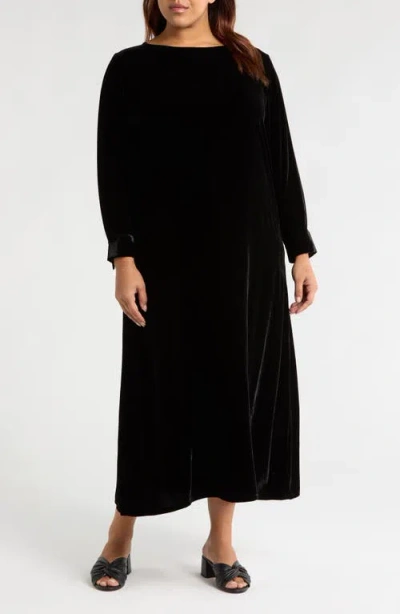 Eileen Fisher Bateau Neck Long Sleeve Velvet Maxi Dress In Black