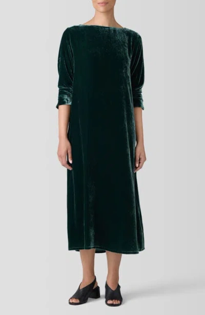 Eileen Fisher Bateau Neck Long Sleeve Velvet Maxi Dress In Pine