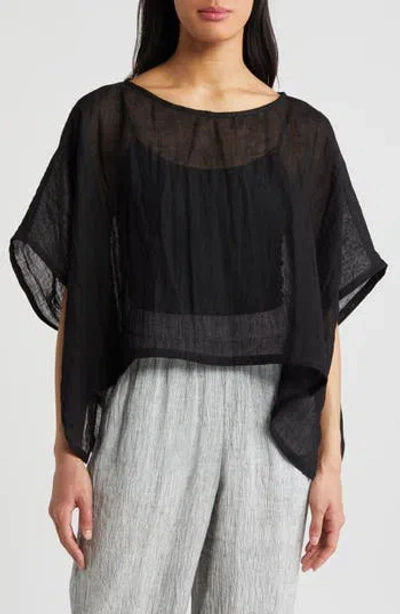 Eileen Fisher Bateau Neck Organic Linen Crop Poncho In Black