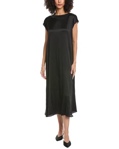 Eileen Fisher Bateau Neck Silk Midi Dress In Black
