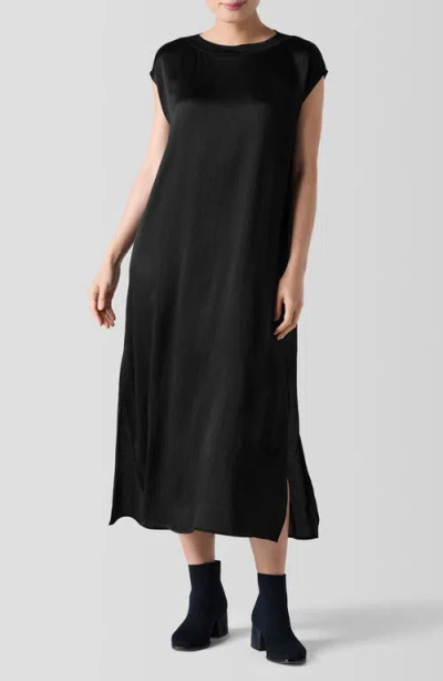 Eileen Fisher Bateau Neck Silk Shift Dress In Black