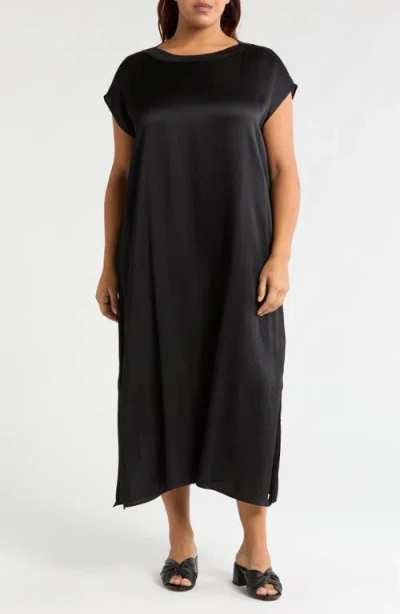 Eileen Fisher Bateau Neck Silk Shift Dress In Black