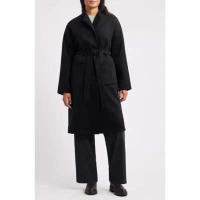 Eileen Fisher Belted Stand Collar Wool Coat In Black
