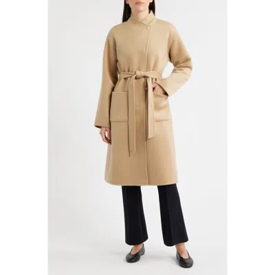 Eileen Fisher Belted Stand Collar Wool Coat In Gold
