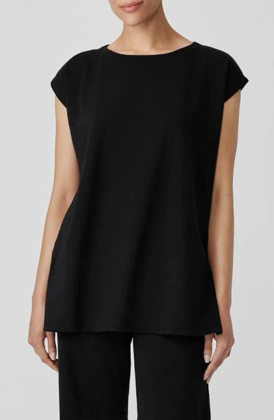 Eileen Fisher Boat Neck Cap Sleeve Boxy Top In Black