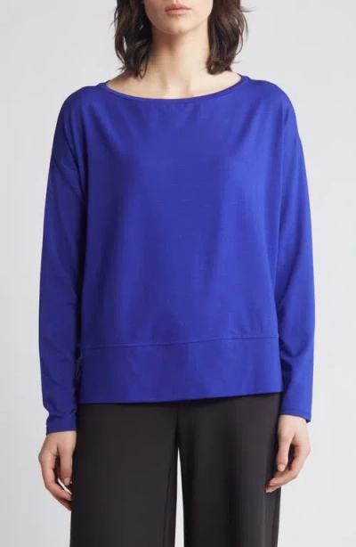 Eileen Fisher Boat Neck Long Sleeve Boxy Top In Blue Violet