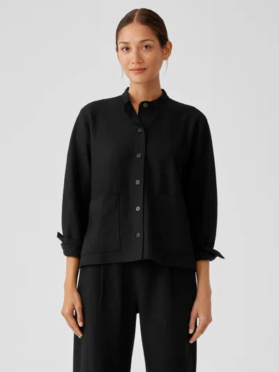 Eileen Fisher Boiled Wool Jersey Mandarin Collar Shirt Jacket In Black