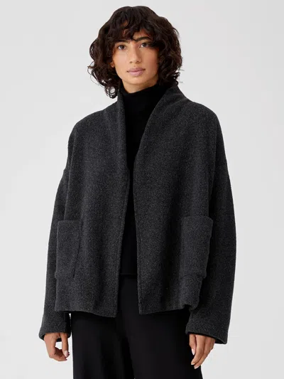 Eileen Fisher Boucle Wool Knit High Collar Jacket In Black