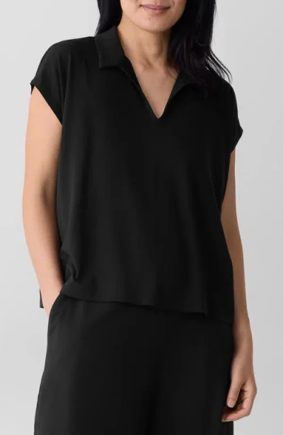Eileen Fisher Boxy Johnny Collar Jersey Top In Black