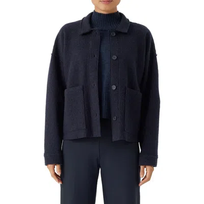 Eileen Fisher Boxy Spread Collar Boiled Wool Jacket In Blue