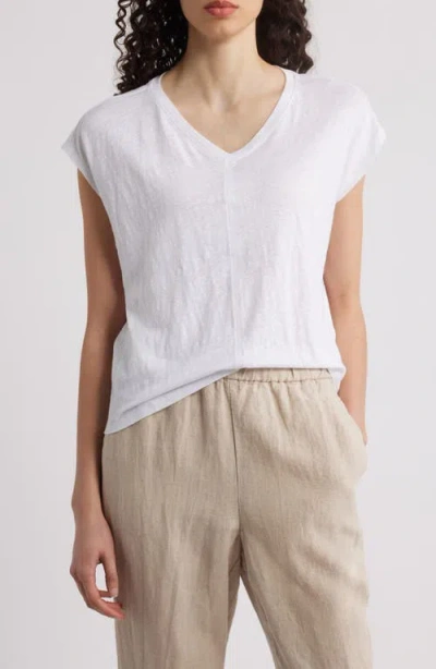 Eileen Fisher Boxy V-neck Organic Linen T-shirt In White