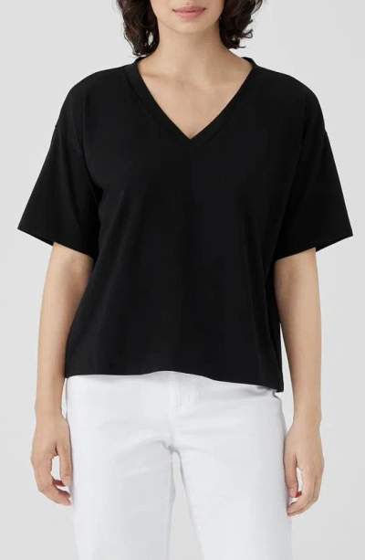 Eileen Fisher Boxy V-neck Stretch Organic Cotton T-shirt In Black