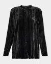 Eileen Fisher Crushed Velvet Band Collar Button-up Shirt In Black