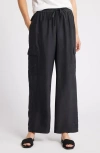 Eileen Fisher Cargo Silk Straight Leg Drawstring Pants In Black