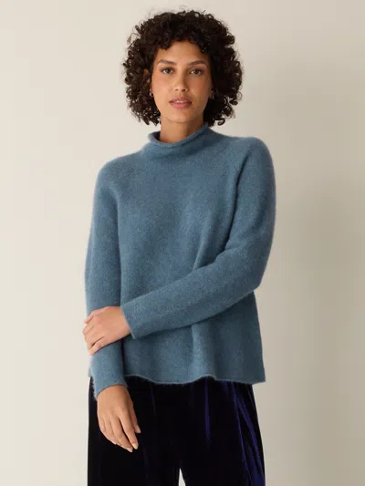Eileen Fisher Cashmere Silk Boucle Bliss Turtleneck Top In Blue