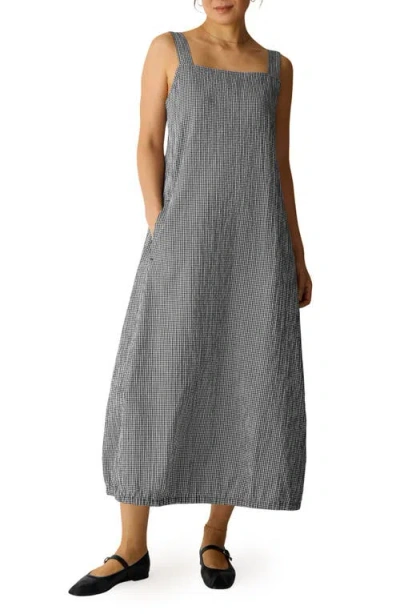Eileen Fisher Check Sleeveless Stretch Organic Cotton Lantern Maxi Dress In Gray