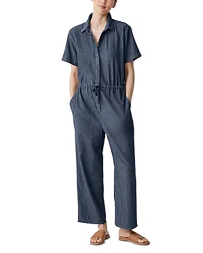 Eileen Fisher Classic Collar Cotton Jumpsuit In Blue