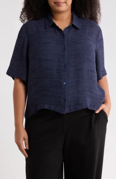 Eileen Fisher Classic Collar Elbow Sleeve Organic Linen Blend Button-up Shirt In Blue