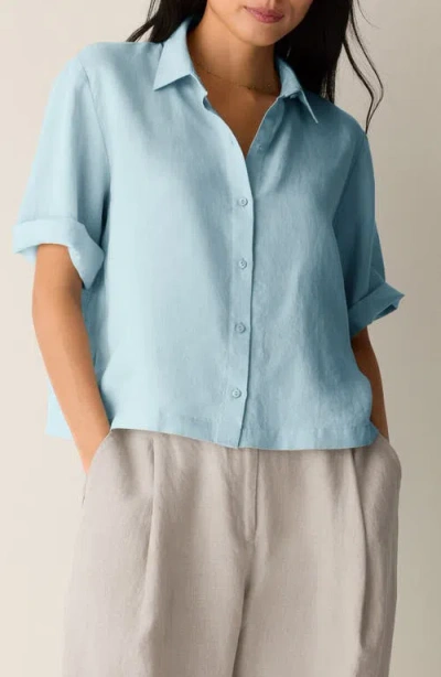 Eileen Fisher Classic Collar Elbow Sleeve Organic Linen Button-up Shirt In Multi