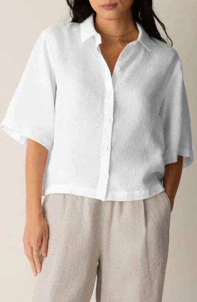 Eileen Fisher Classic Collar Elbow Sleeve Organic Linen Button-up Shirt In White