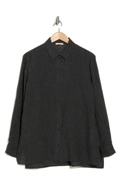 Eileen Fisher Classic Collar Linen Checkered Button-up Shirt In Black